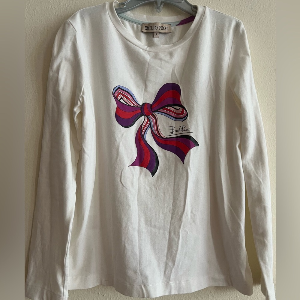 Emilio Pucci Kids Size 8 Girl White Long Sleeve Tee with Colorful Bow - Picture 4 of 5